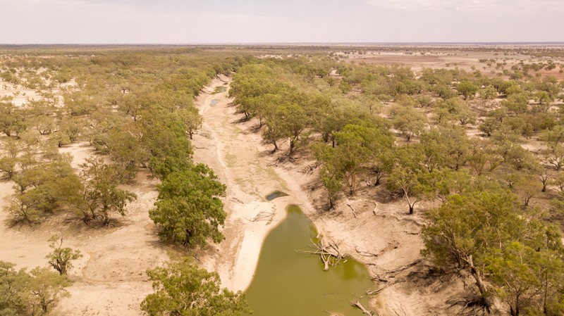 An ariel view of the almost dry Darling River