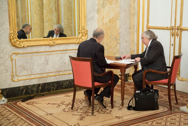 Ali Akbar Salehi and Ernest Moniz have a meeting during 2015 talks to finalise an interim deal over Iran's nuclear program