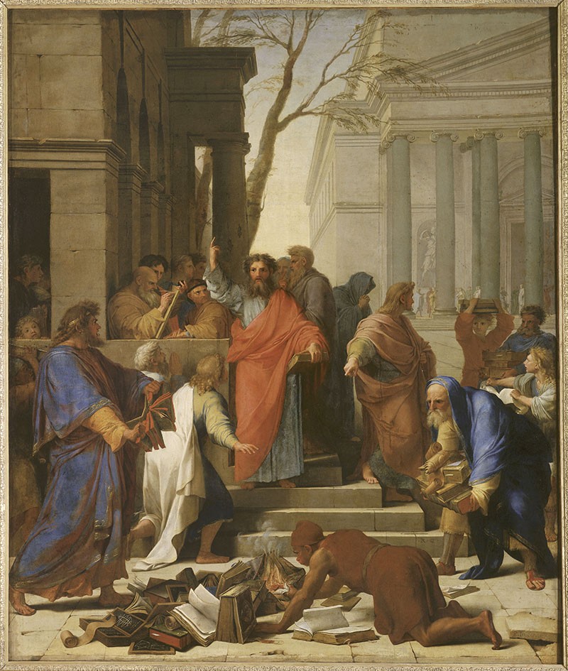 A painting of St Paul preaching in a crowd; in the foreground, people are burning books.