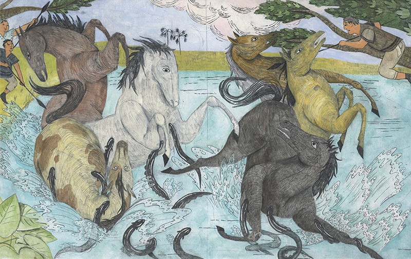 Graphic spread showing horses in a river being attacked by electric eels