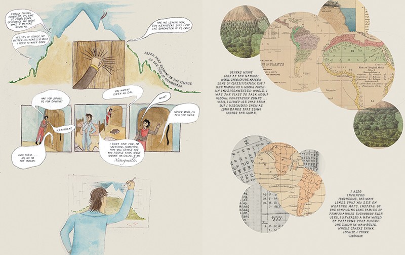 Graphic spread showing Humboldt painting, with pictures of maps