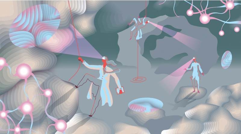 Illustration of scientists climbing in a cave made of neurons.