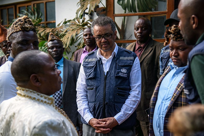 WHO chief Tedros Adhanom Ghebreyesus talking to people in Butembo, DRC