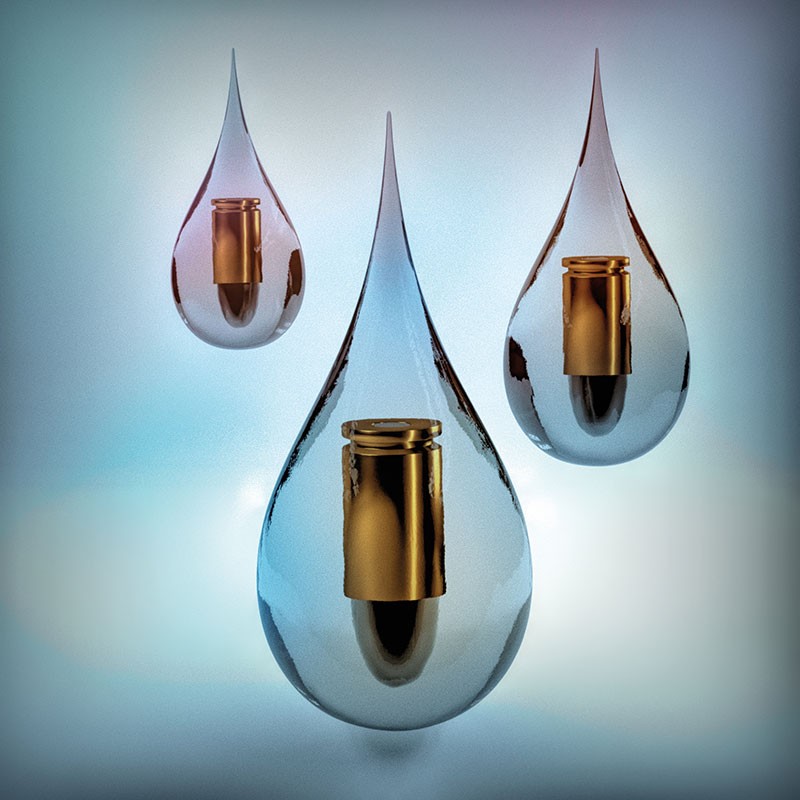 Artistic image of three drops of water, each containing a bullet