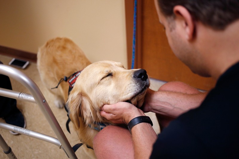 Rob Summers pets his service dog Bear after conducting overground locomotive training at Frazier Rehab Institute