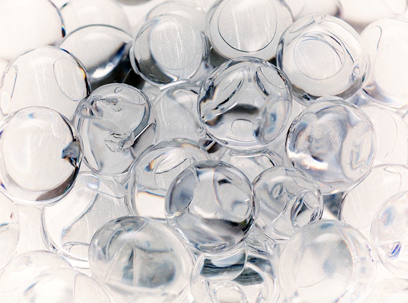 close-up of transparent hydrogel balls