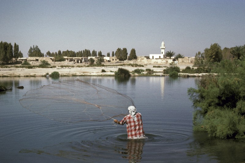 A fisherman throwing a net into the Azraq Shishan, Jordan, 1964