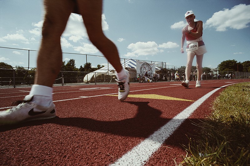 Race walking during the National Senior Games, or Senior Olympics in Syracuse, New York, July 1991.