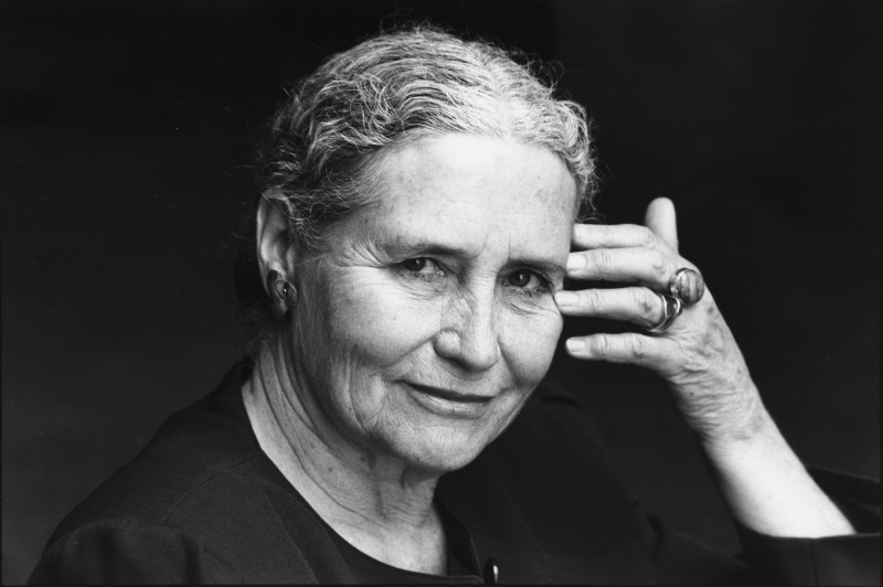 Black and white photofraph of Doris Lessing from the shoulders up.