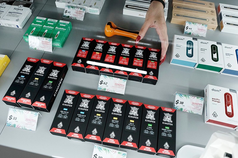 A display of Kingpen cannabis vape cartridges at a store in Los Angeles