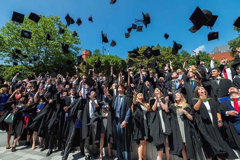 University of Sheffield students toss their graduation caps in the air