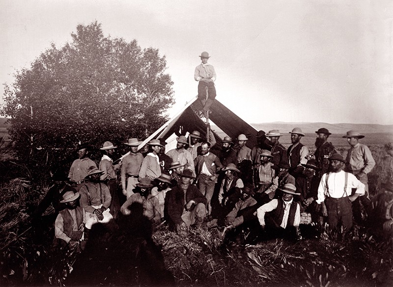 The president of the United States Geological Survey (USGS) with his team at Wasatch mountain range, Utah in 1869