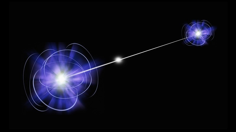 Conceptual artwork of a pair of entangled quantum particles or events (left and right) interacting at a distance.