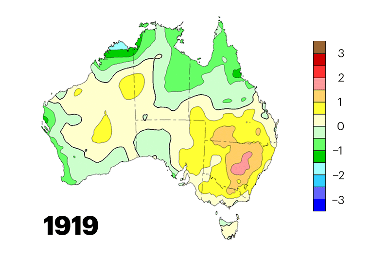 Sequence of maps of Australia showing the anomaly of mean temperature every 10 years from 1919-2019