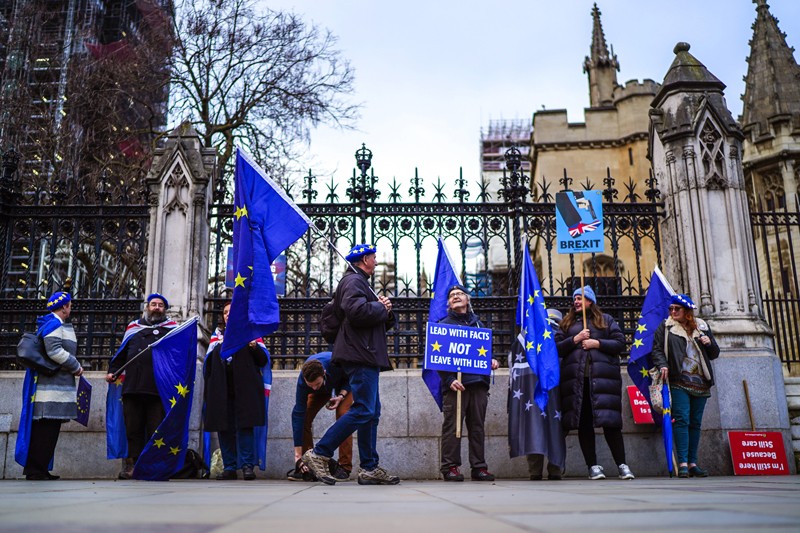 Anti-Brexit activists protest outside the Houses of Parliament