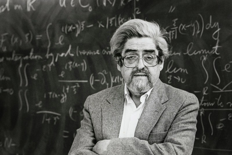 A black and white photograph of Louis Nirenberg standing in front of a blackboard circa 1991