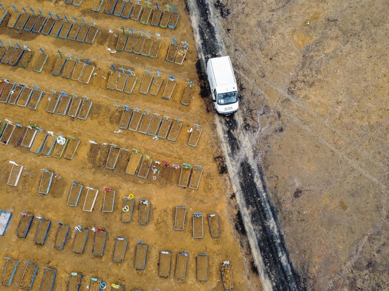 Aerial view showing a new area (R) cleared to accomodate new graves in the cemetery in Manaus.