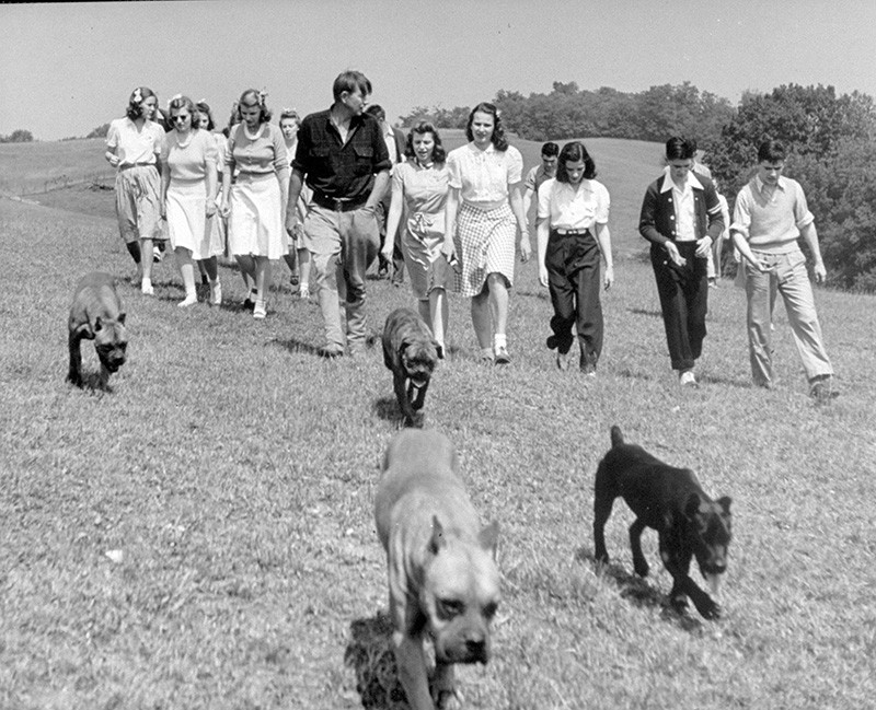 Louis Bromfield guiding young visitors around his Malabar Farm with his four dogs, in 1942
