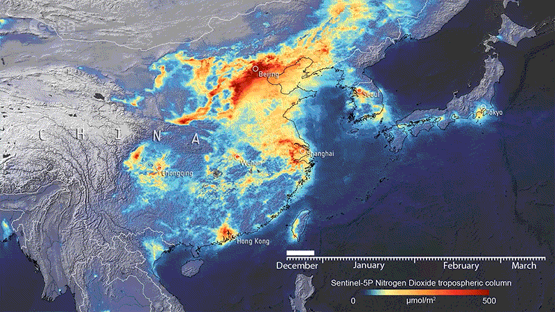 Animated Copernicus Sentinel-5P data showing the nitrogen dioxide concentrations from 20 December 2019 until 16 March 2020