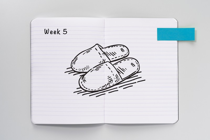 Sketch of slippers on an open notebook