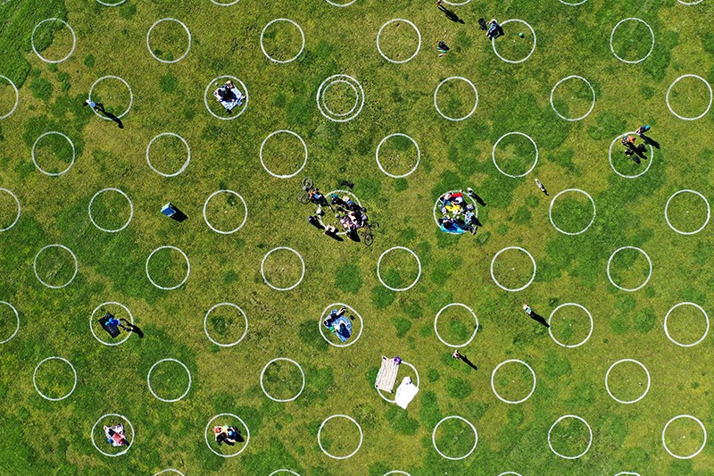 New social distancing circles with people in them at Dolores Park on May 20 in San Francisco, California