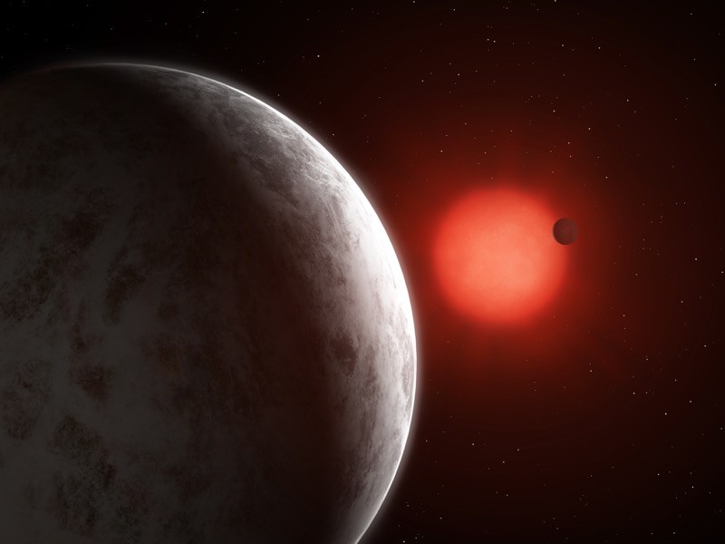 Illustration of a brown planet, with a large red star in the distance, being crossed by another planet.