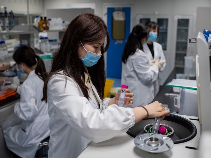 Engineers work on an experimental vaccine for the COVID-19 coronavirus at the Quality Control Lab at the Sinovac, Beijing.