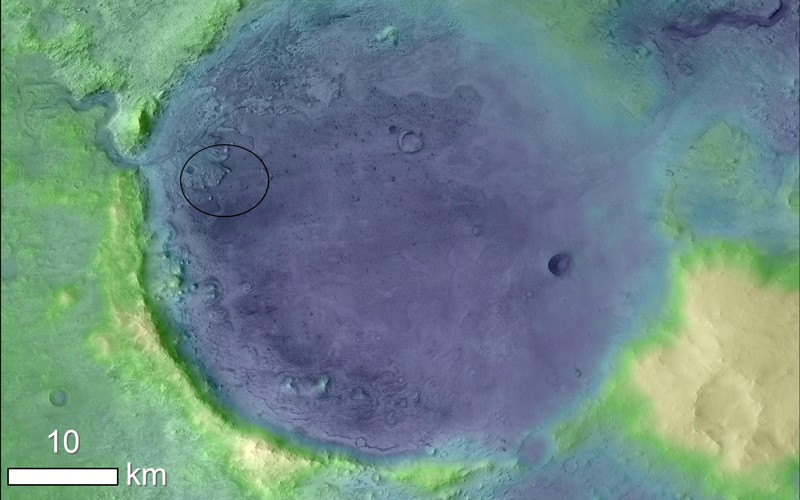 Elevation map of Jezero Crater on Mars, the landing site for NASA's 2020 Mars Perseverance rover.