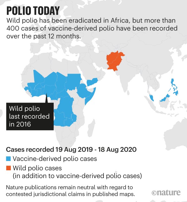 Infographic: Polio today: Map showing worldwide polio cases recorded between August 2010 and 2020.