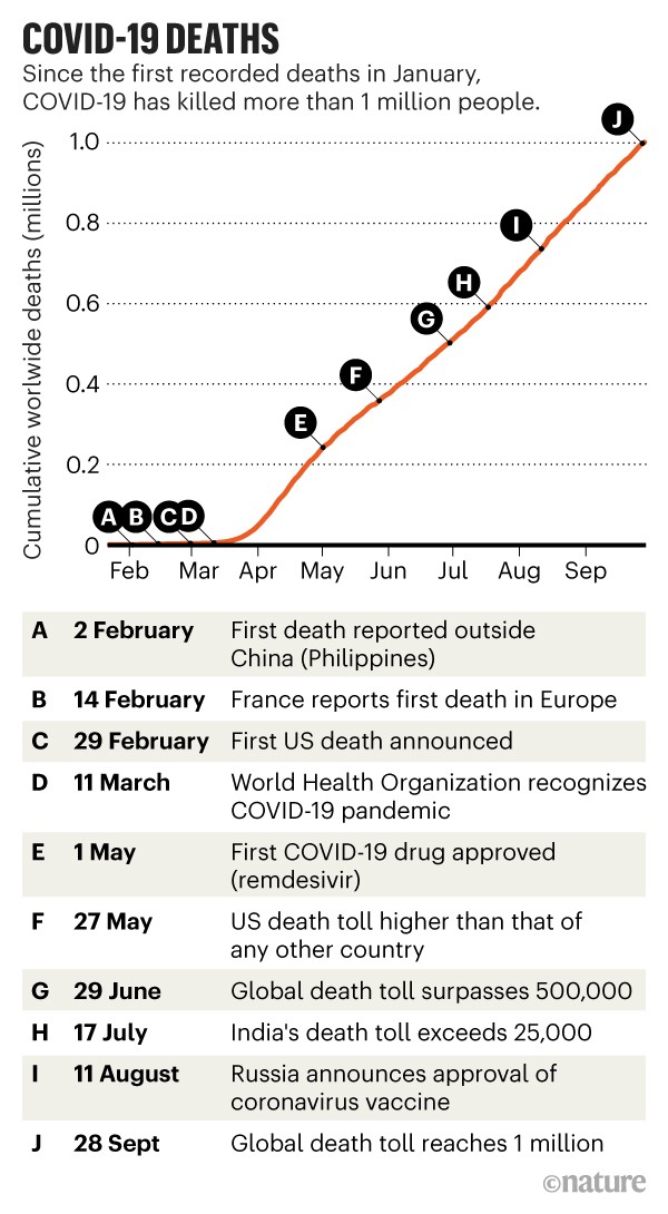COVID-19 deaths: Line chart showing the cumulative worldwide deaths caused by COVID-19 in 2020.