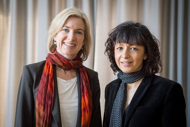 Jennifer A. Doudna and Emmanuelle Charpentier pose together for a portrait