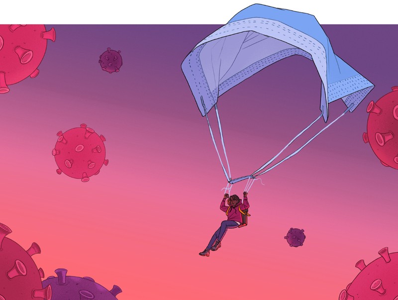Cartoon of a person parachuting using a surgical mask through a sky filled with viruses