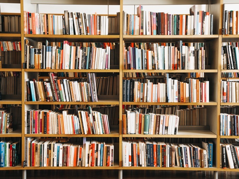 Wooden shelves full of colorful books in a college library, separated with capital letters.