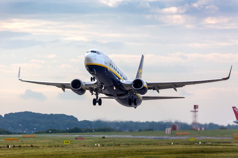 A Ryanair jet taking off from Leeds Bradford airport