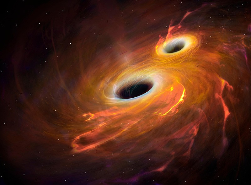 Illustration of two black holes orbiting each other