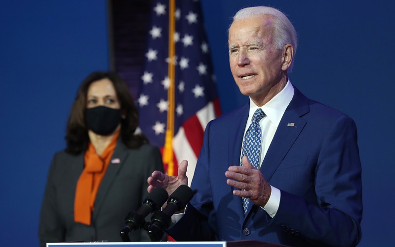 President-elect Joe Biden speaks to the media while flanked by Vice President-elect Kamala Harris