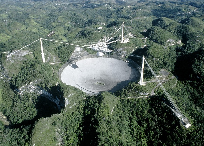 The Arecibo radio telescope in Puerto Rico before the telescope's destruction in 2020