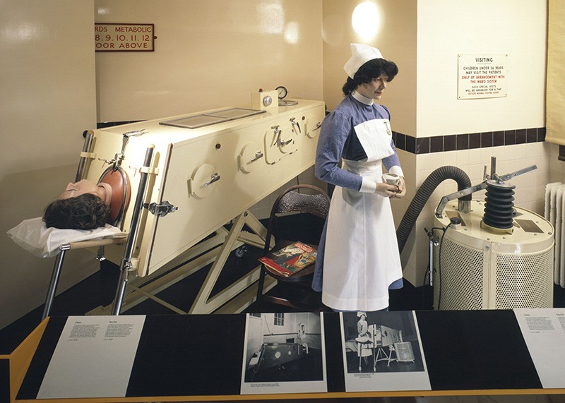 Reconstruction in the Lower Wellcome Gallery, Science Museum, London of an iron lung polio ward