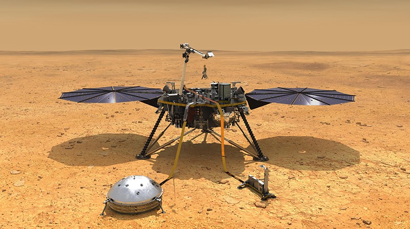 An illustration of NASA's InSight spacecraft with its instruments deployed on the Martian surface