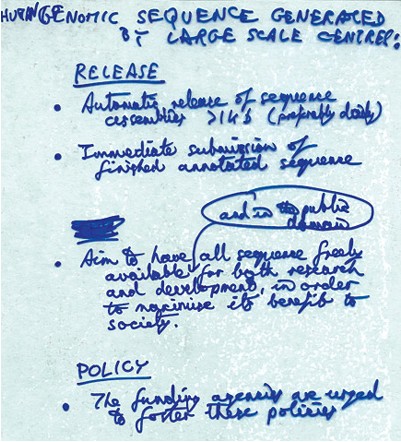 Handwritten draft of the Bermuda principles, written on a whiteboard in 1996