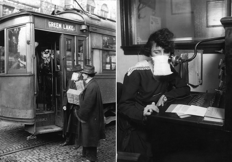 Diptych of 1918 photos showing (left) a streetcar conductor and passengers and (right) a telephone operator wearing face masks