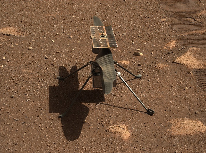 NASA’s Ingenuity Mars helicopter is seen here in a close-up taken by cameras aboard the Perseverance rover