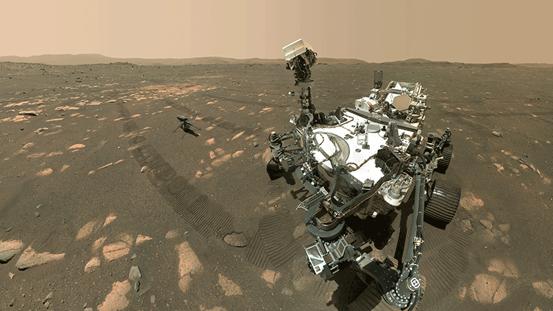 NASA’s Perseverance Mars rover took a selfie with the Ingenuity helicopter, seen here about 13 feet (3.9 meters) from the rover