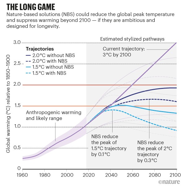 The long game. Line chart showing pathways for nature-based solutions and current global warming trajectory.