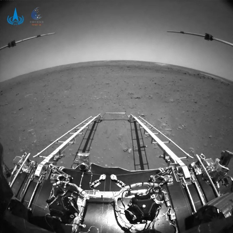 View from the Zhurong Mars rover of its landing platform and departure ramp