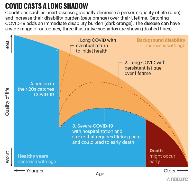 Covid casts a long shadow. Illustrative area chart showing how three long covid scenarios affect quality of life over time.