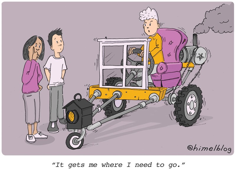 Cartoon: Two people look quizzically at a third in a car made of household objects. Caption: "It gets me where I need to go."