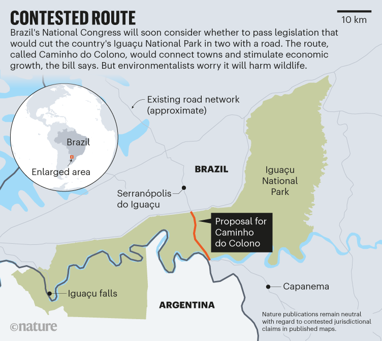 Mapa mostrando a rota da proposta de nova estrada no Parque Nacional do Iguaçu, Brasil.