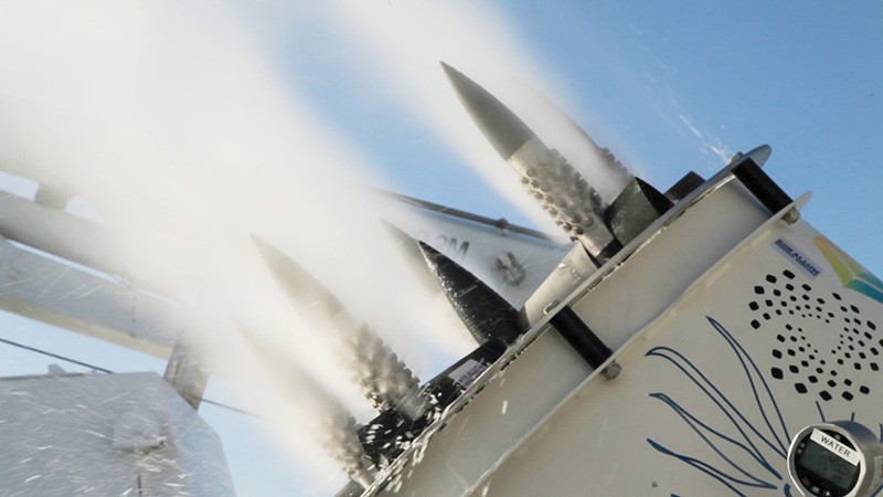 The cloud brightening seawater sprayer jets shown close up.