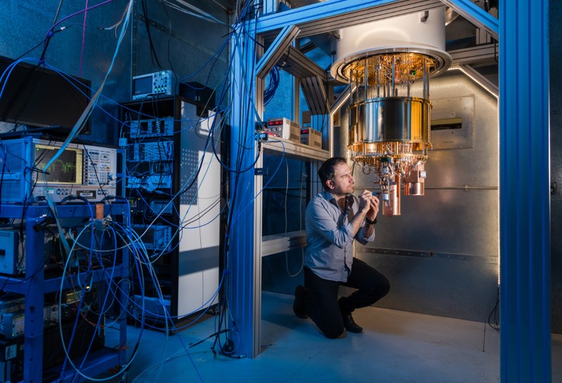 Alessandro Rossi, quantum scientist from the UK NPL and the University of Strathclyde working on a dilution refrigerator system.